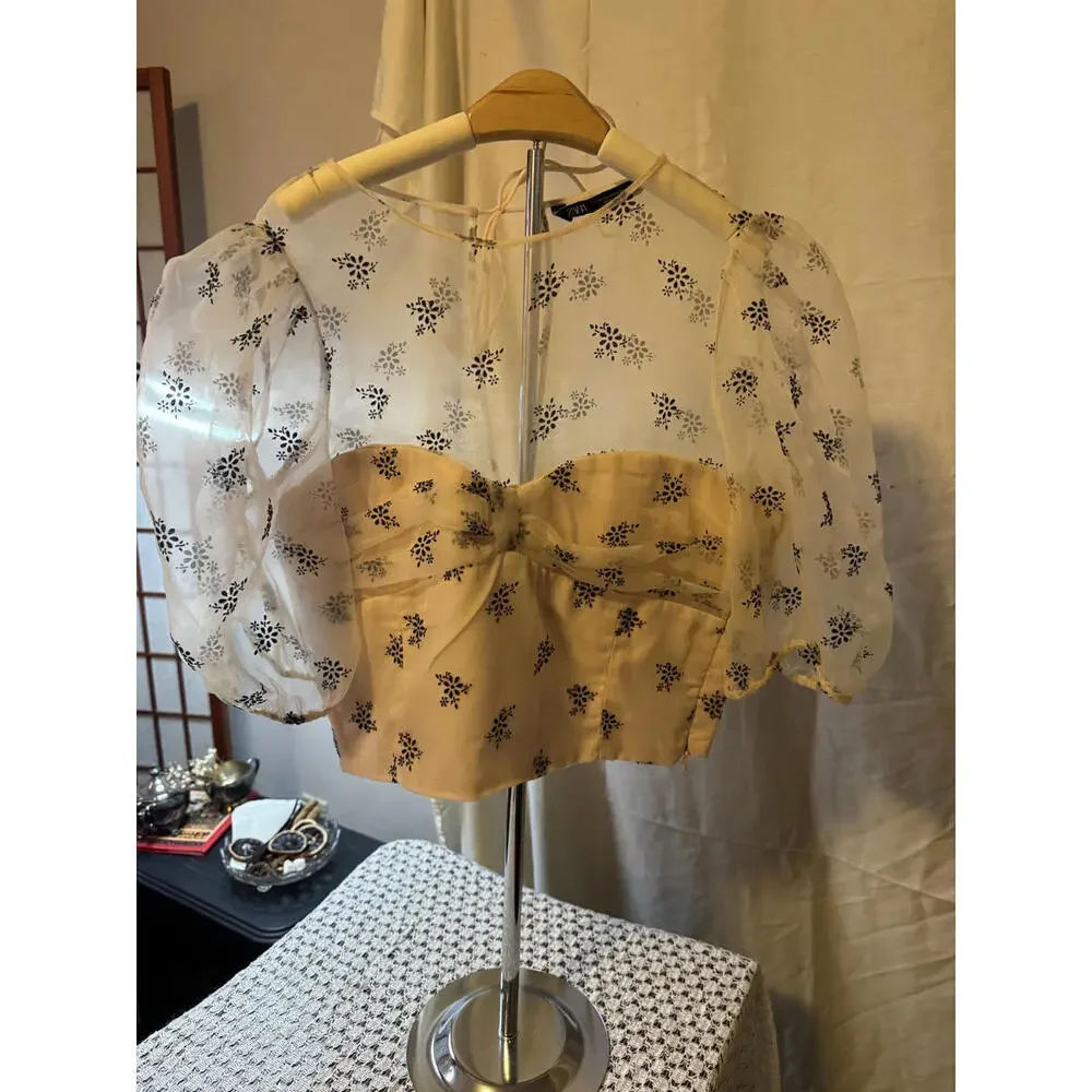 Zara Pastel Organza Blouse Sheer Floral Print Puff‎ Sleeve Size S